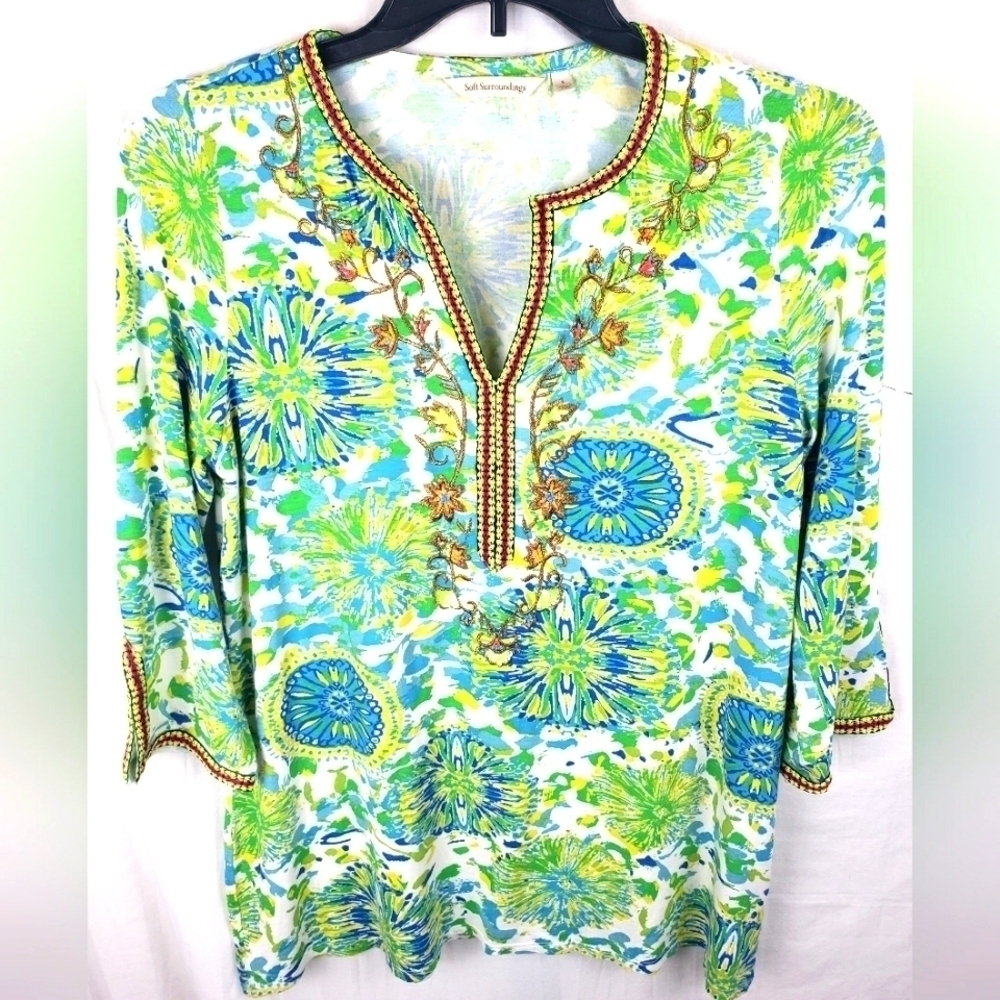 Soft Surroundings Green Multicolored Beaded Embroidered 3/4 Sleeve Shirt Sz S